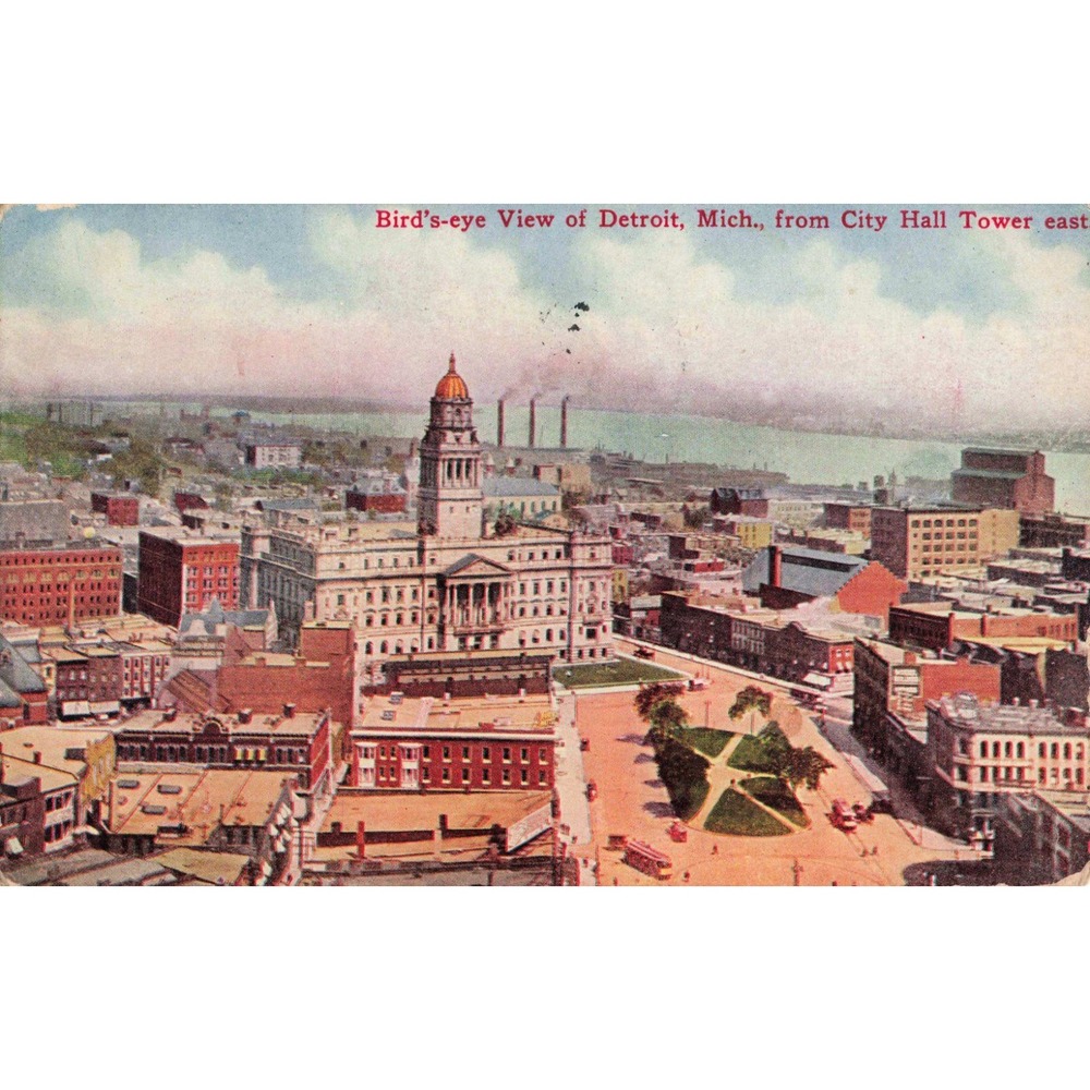 Vintage 1910 Bird's-eye View Detroit Michigan City Hall Tower Postcard VG - Picture 1 of 2